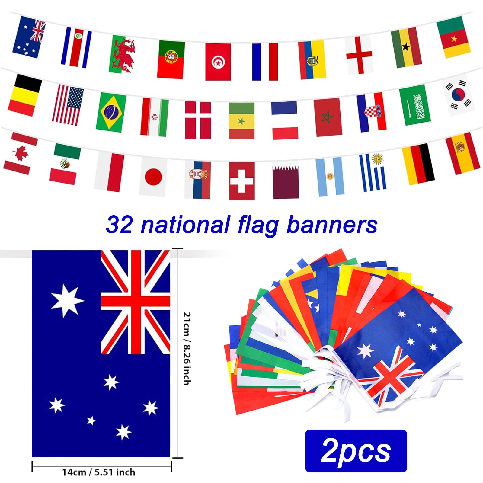 Guirlande Fanions 32 Pays 10m Drapeaux 20x10cm Double Face Bannière Football 2026