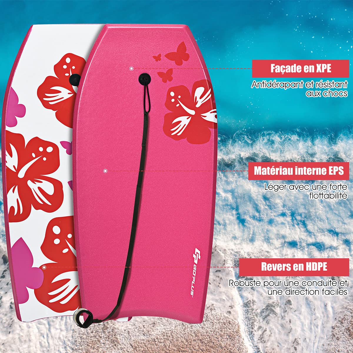 DREAMADE Planche de Surf en XPE et HDPE avec Bande Pratique et Corde à Pied, Bodyboard Planche avec Capacité de Charge de 85KG, pour Adultes et Enfants Plus de 14 Ans, 105X51X6CM