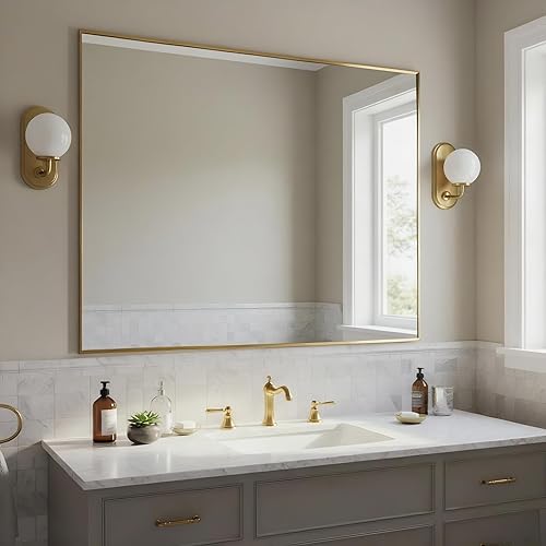 Miniatura 20 de Espejo de baño dorado naranja de 30 x 30 pulgadas para pared, espejo rectangular rectangular con marco de aluminio, moderno grande para dormitorio