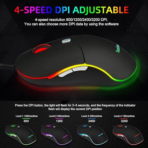 Miniatura 4 de Ratón con cable, mouse para portátil con fácil clic para oficina, hogar, jugador, 3200 DPI, botones programables, mouse USB retroiluminado LED