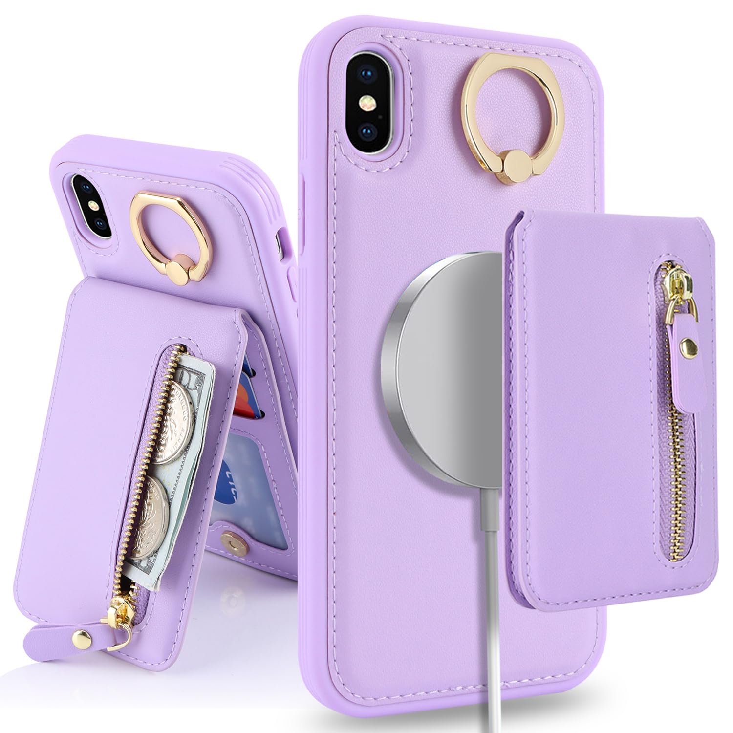 SailorTech iPhone X/XS Case with Card Holder, Ring Stand, Kickstand, Wallet - Purple