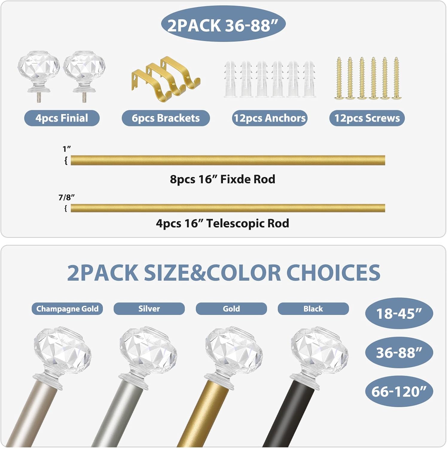 TVWOO Gold Decorative Crystal Curtain Rods:36-88" Heavy Duty Adjustable Window Curtain Rods for Bedroom Living Room,Brass Golden Modern Girly Acrylic Drapery Rods with Sheer Bling Diamond Finial,2Pack