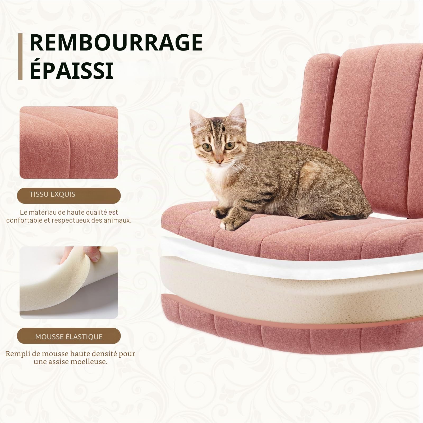 Vigosit Criss Chaise croisée avec roulettes, accoudoir Large réglable, Tissu antidérapant, Coussin Confortable, Style Moderne, pivotant, pour la Maison, la vanité, Le Bureau, Rose
