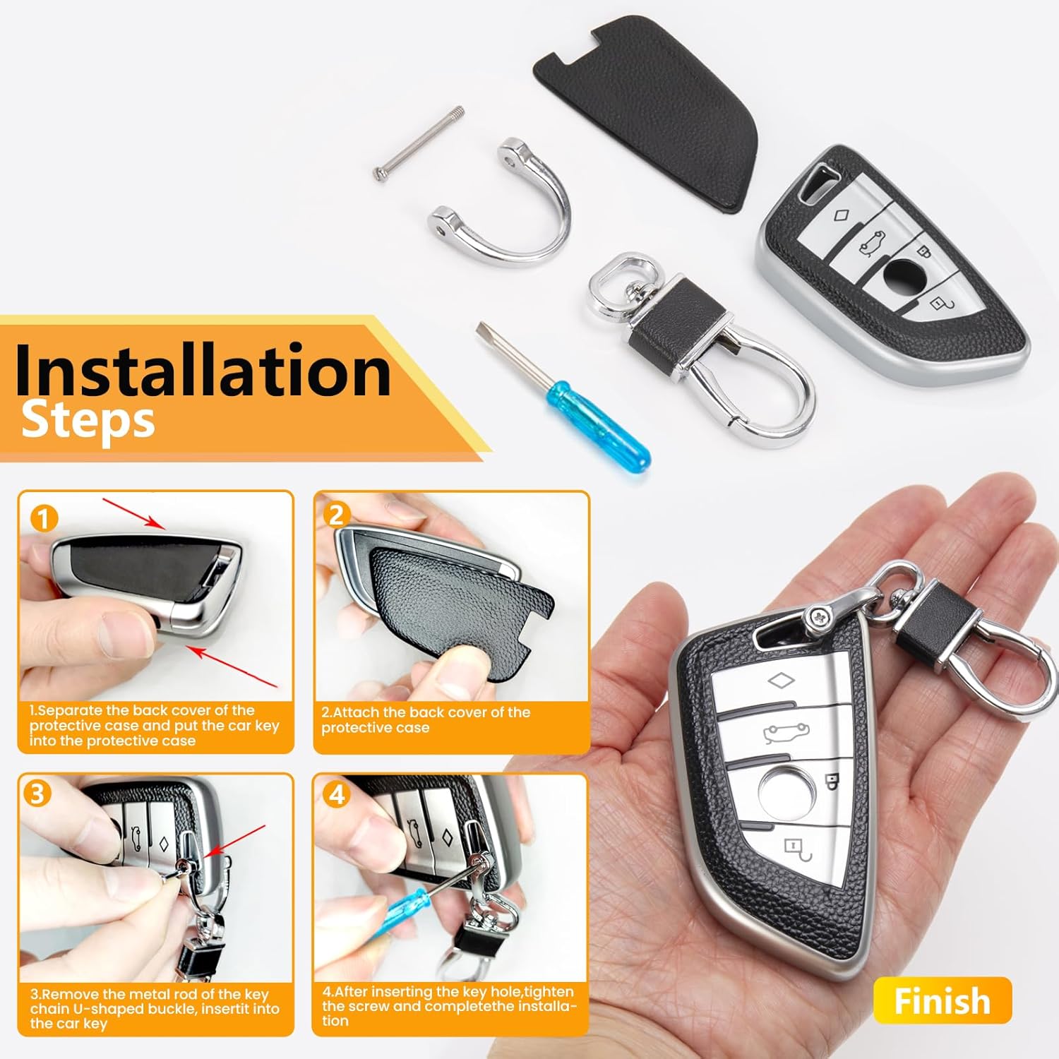 for BMW Key Fob Cover with Leather Keychain, Advanced Blade Shape Soft TPU Surface Grain Key Fob Holder for New BMW Smart Key(Silver) - Image 7