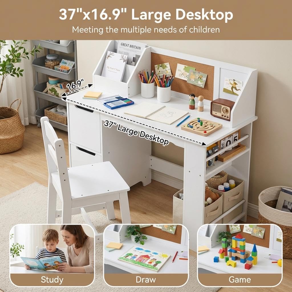 GarveeHome Kids Study Desk and Chair Set, Wooden School Learning Table with Storage, Hutch and Bulletin Board, Children Computer Desk with Chair, Small Toddler Desk for Home, School, White