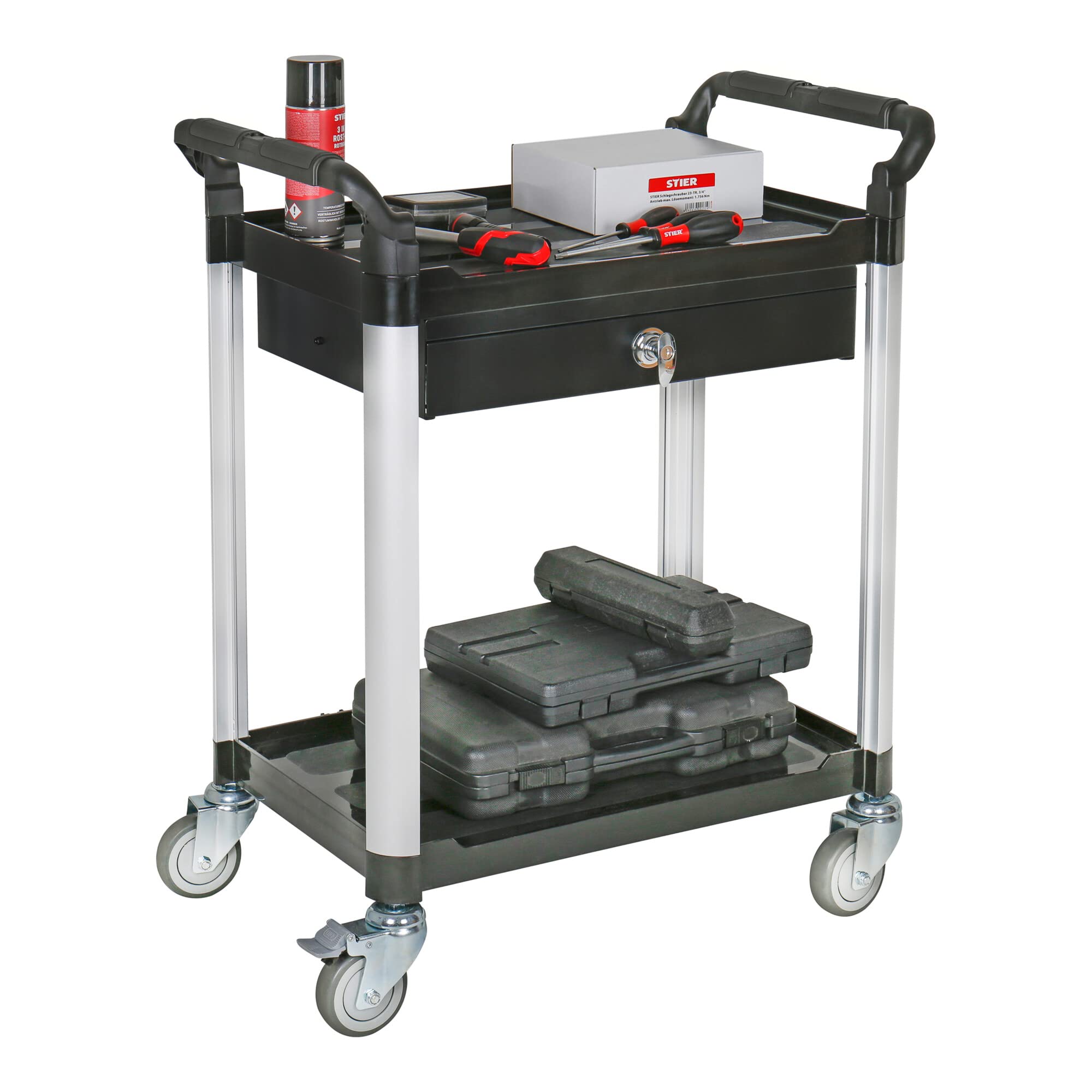 STIER Servierwagen, mit 2 Etagen und Schublade, LxBxH 750x460x980 mm, Tragfähigkeit 150 kg, 4 Lenkrollen, 2 Davon feststellbar, Etagenwagen, Schiebewagen, schwarz