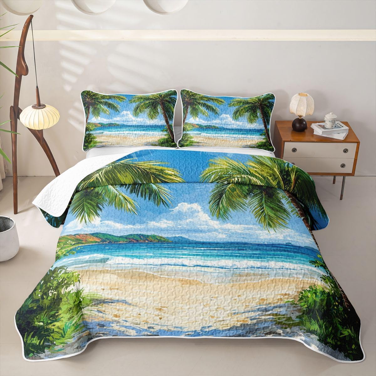 Feelyou Nautical Beach Quilt Set Queen Size Summer Holiday Vacation Comforter Set for Kids Boys Girls Watercolor Tropical Island Bedspreads with 2 Pillowcases Bedding Lightweight