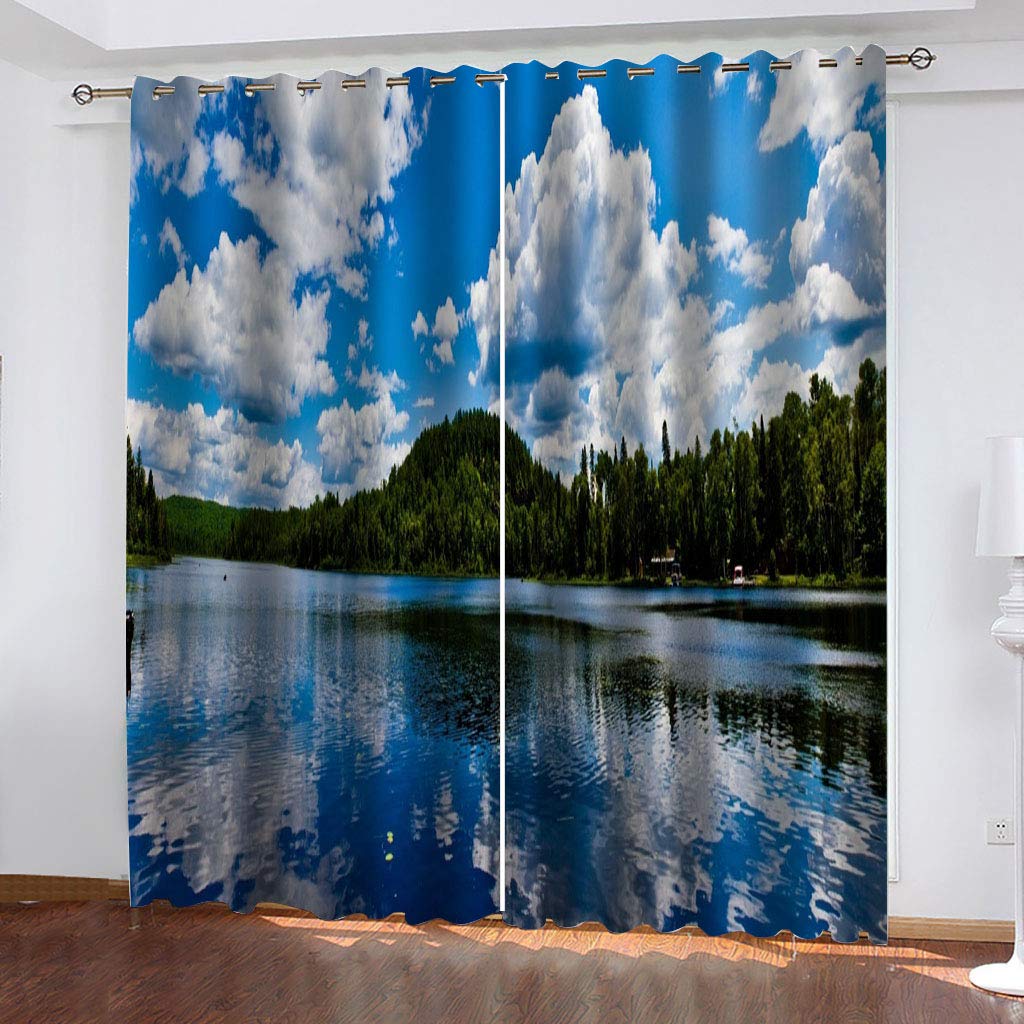 Rideaux Et Draperies Intérieurs 3D Ciel Bleu Nuage Blanc Vue Lac Motif Rideau Occultant À Oeillets Decoration Salon Chambre Maison pour Enfant Adulte 2 Pièces 280x160Cm Design Moderne Imprimé