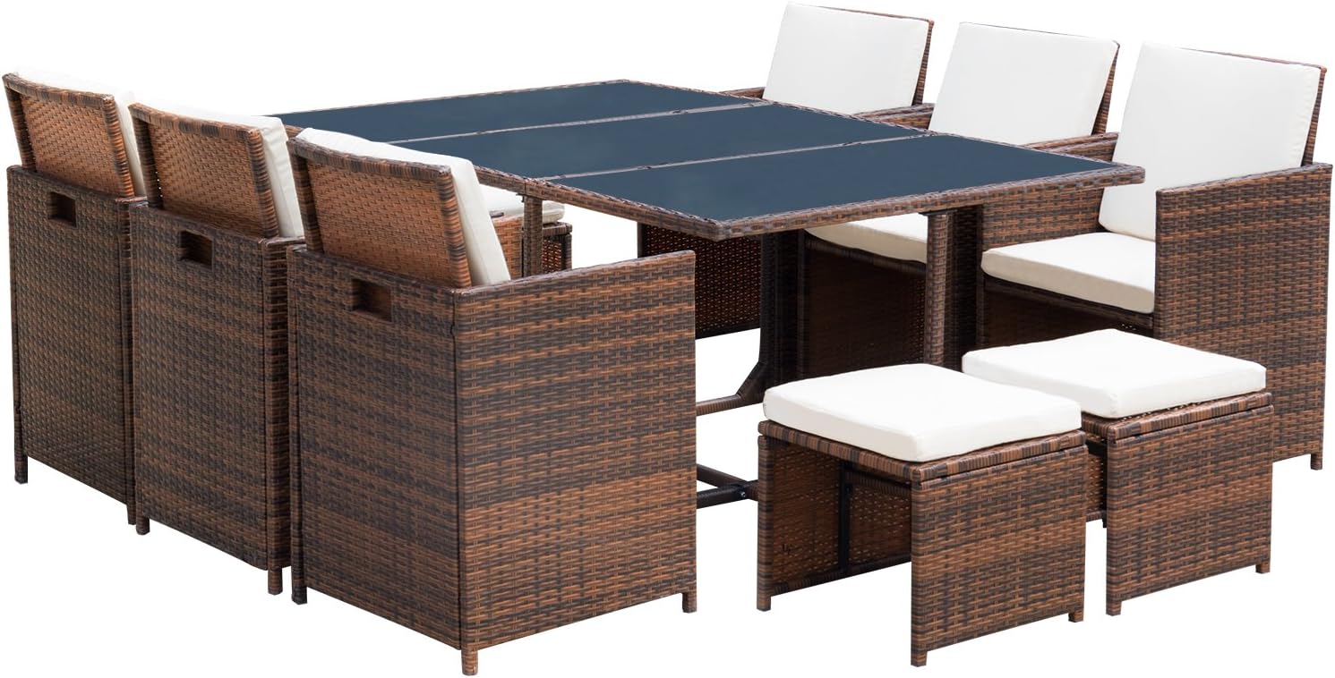 Flamaker 11 PCS Patio Set Cushioned PE Wicker Dining Set Sectional Conversation Set Rattan Outdoor Furniture Space Saving Furniture with Ottoman (11 Pieces)