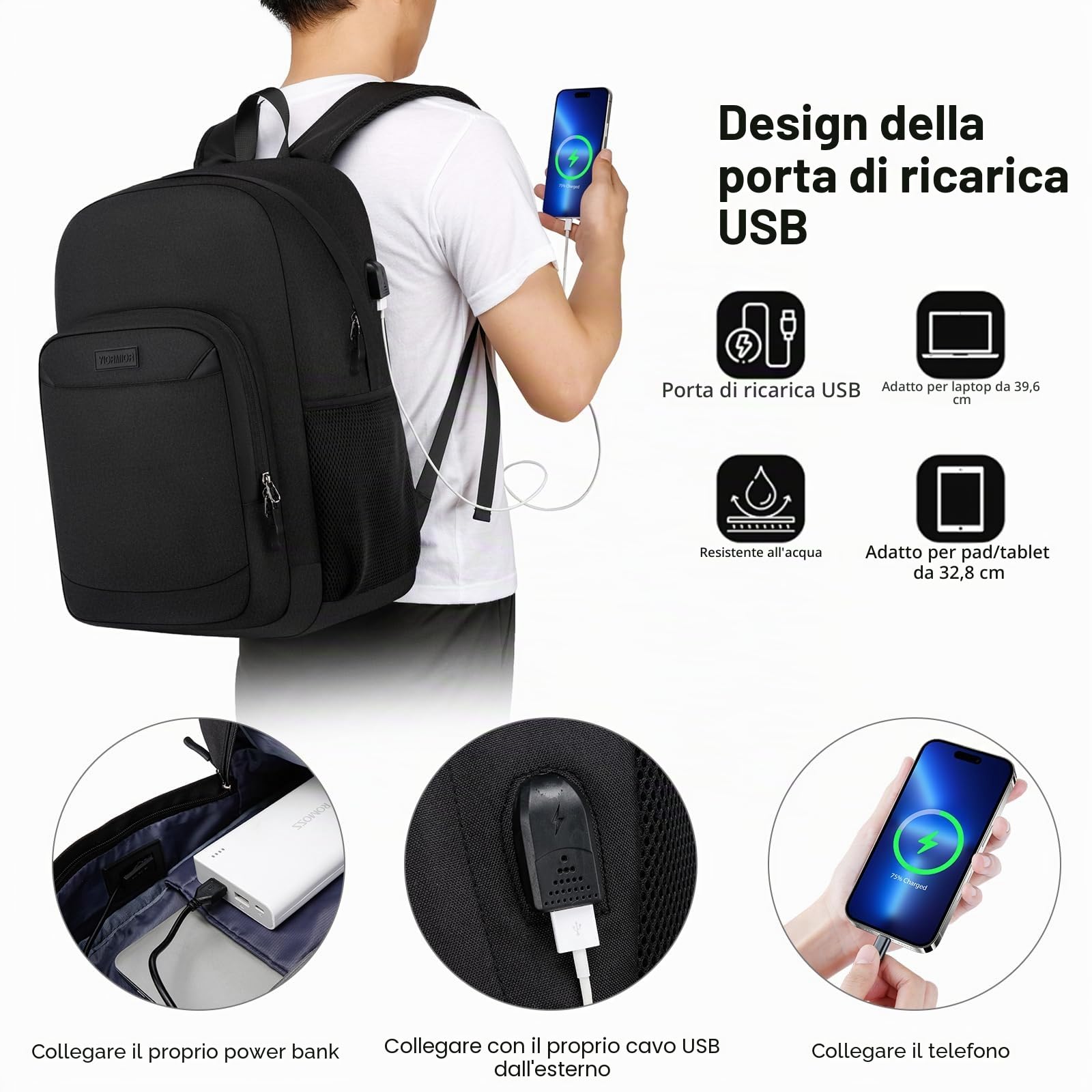 Zaino Uomo Zaino per PC Portatile, 17.3 Pollici Zaino Porta PC con Caricatore USB Media università Impermeabile