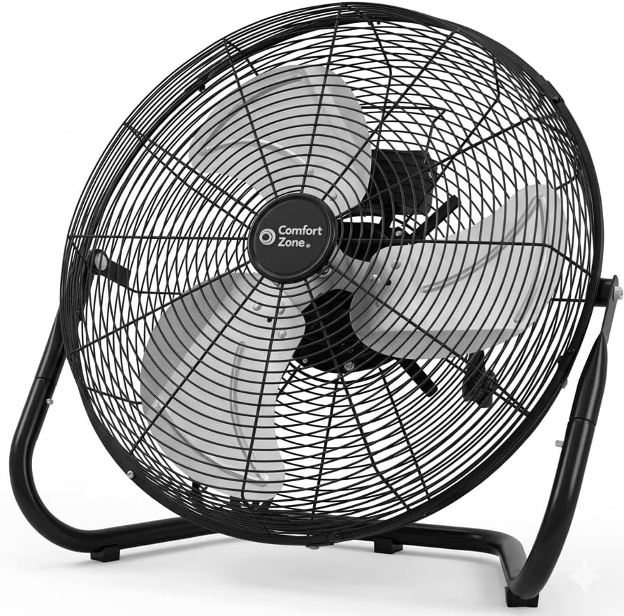 Comfort Zone 18-Inch High-Velocity Industrial Floor Fan, Heavy-Duty 3-Speed Metal Shop Fan with 180° Adjustable Tilt & Carry Handle, Quiet Vibration-Free Cooling for Garage, Workshop, & Home