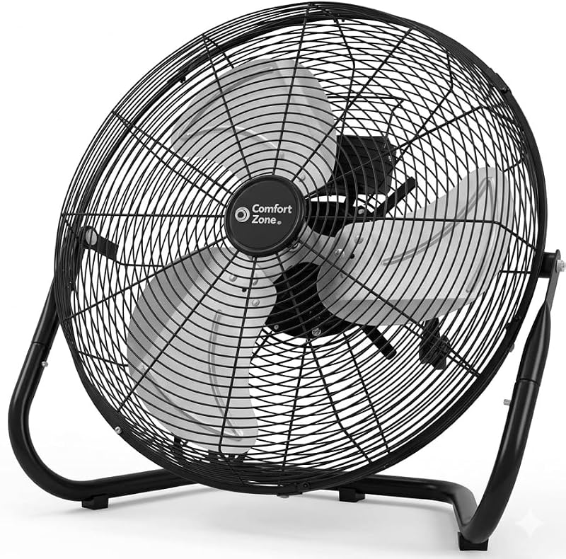 Comfort Zone Cradle Floor Fan, Electric, High-Velocity,180 Degree Adjustable Tilt, 18 inch, 3 Speed, Carry Handle, Rubber Feet, Metal, Airflow 19.36 ft/sec, Ideal for Garage or Workshop, CZHV18BK
