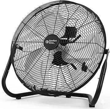 Comfort Zone Cradle Floor Fan, Electric, High-Velocity,180 Degree Adjustable Tilt, 18 inch, 3 Speed, Carry Handle, Rubber Feet, Metal, Airflow 19.36 ft/sec, Ideal for Garage or Workshop, CZHV18BK
