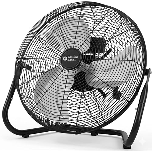 Comfort Zone 18-Inch High-Velocity Industrial Floor Fan, Heavy-Duty 3-Speed Metal Shop Fan with 180° Adjustable Tilt & Carry Handle, Quiet Vibration-Free Cooling for Garage, Workshop, & Home