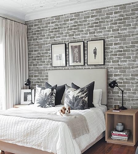 Miniatura 2 de Timeet Papel tapiz de ladrillo gris, papel tapiz de ladrillo de 17.7 x 118.11 pulgadas, autoadhesivo, extraíble, de ladrillo sintético, para