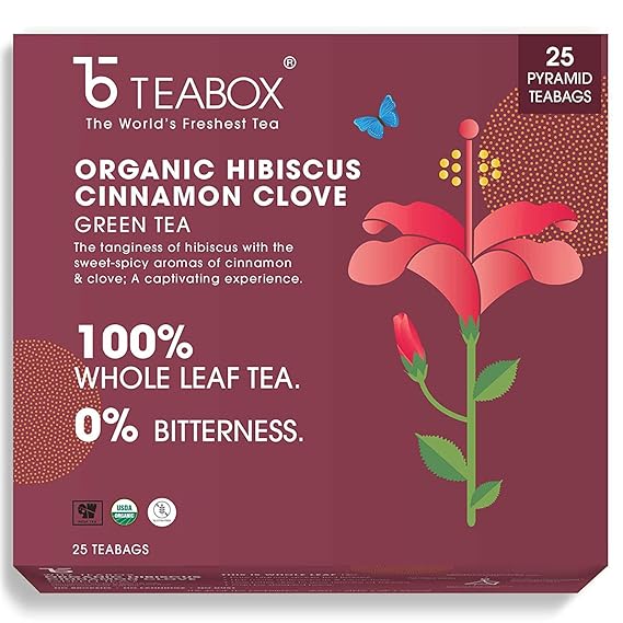 Teabox Organic Hibiscus Cinnamon Clove Green Tea Bags 25 pcs 100 Natural Hibiscus, Cinnamon