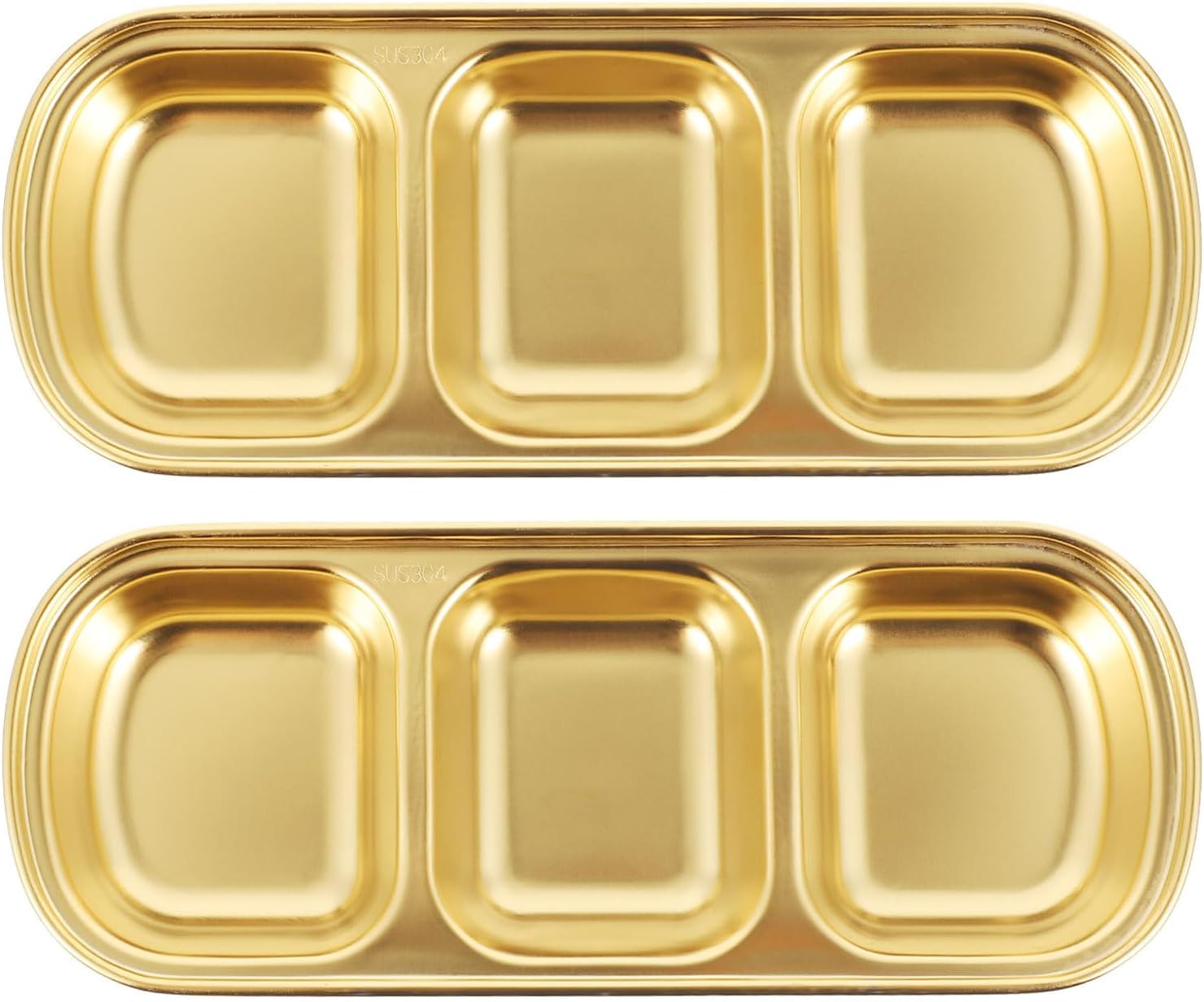 DOITOOL 2Pcs Stainless Steel Dipping Sauce Dishes, 3 Compartment Soy Sauce Dipping Bowls, Sushi Dipping Bowl Appetizer Plates Serving Dish for Soy Sauce, Ketchup, BBQ Sauce or Seasoning ( Gold )
