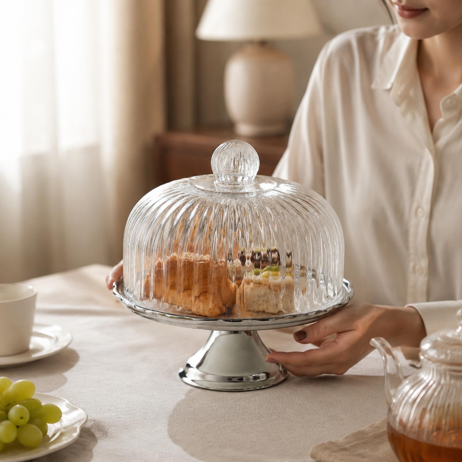 Présentoir à Gâteaux en Céramique Dôme en Verre Réutilible Support à sserts Dôme Cannelé pr Célébratio, Service du Thé, S