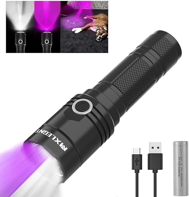 MXLEGNT Led Torch Rechargeable Flashlight, 2 in 1 UV Black Light & Super Bright White Light, 395nm, 600 Lumens(with 5000mah Battery)