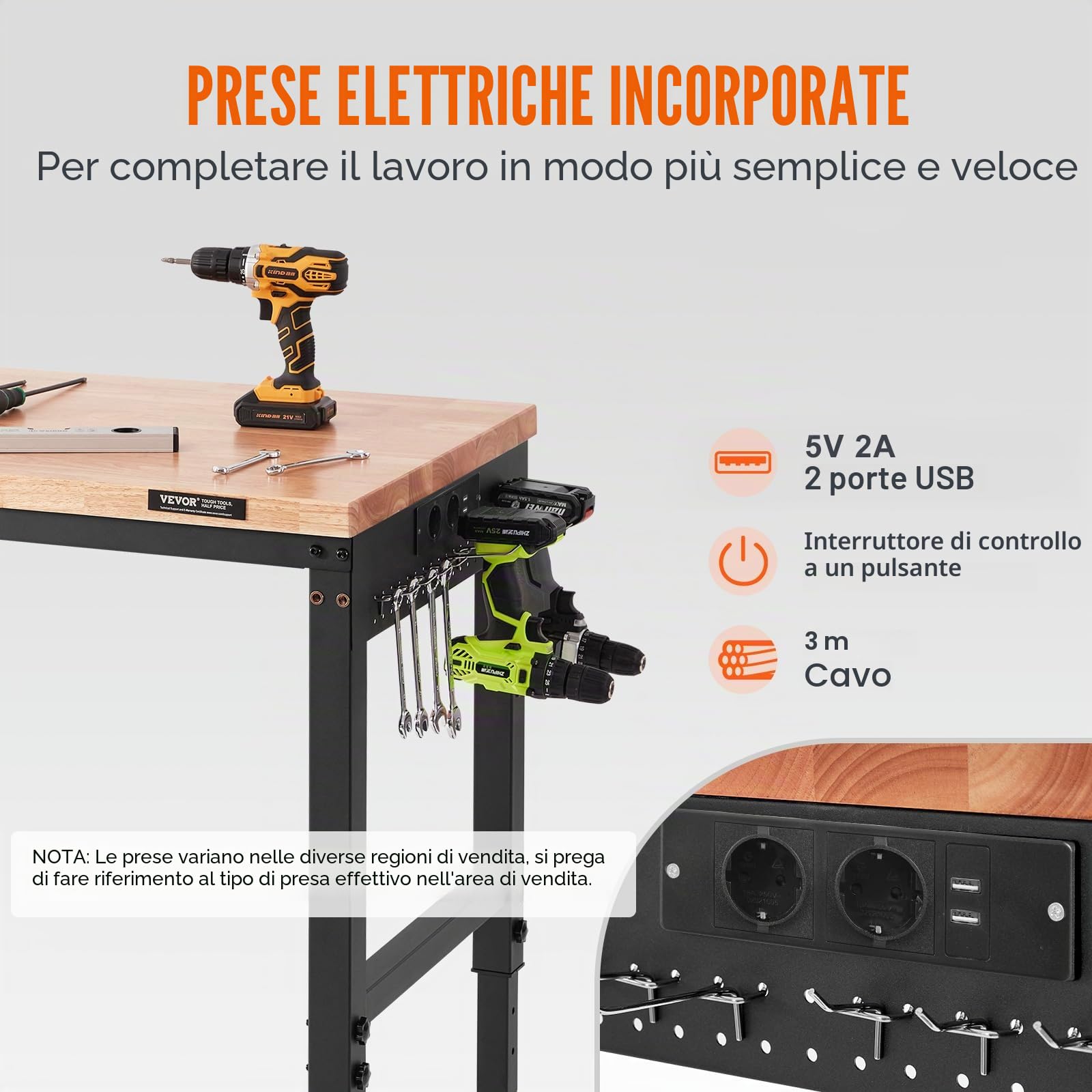 VEVOR Banco da Lavoro Regolabile Tavolo Lavoro Dimensioni Piano 1829 x 635mm Altezza Regolabile 71,1-100,3 cm Carico max. 1361kg, Tavolo con Prese di Corrente Piano in Legno per Ufficio, Casa, Garage