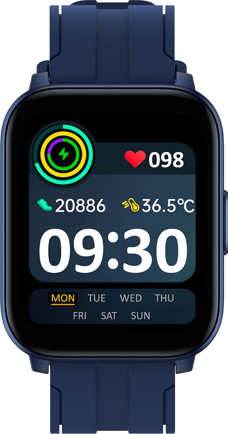 Front view of realme TechLife Watch SZ100 displaying time, steps, heart rate, and temperature