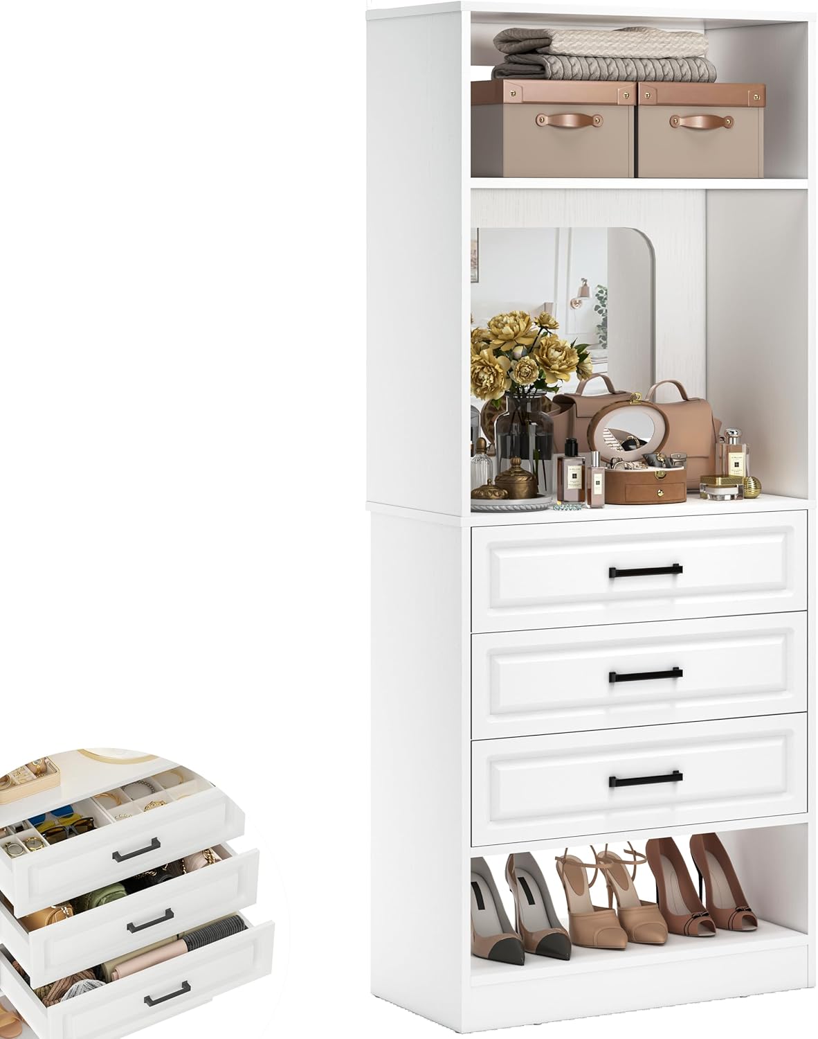 Unikito 25”Freestanding Closet System with 3 Drawers, Closets Organizer Wardrobe with Storage Shelves and Mirror, Sturdy Wood Walk-in Closet Systems for Small Closets, 25" W x 16" D x 80" H, White