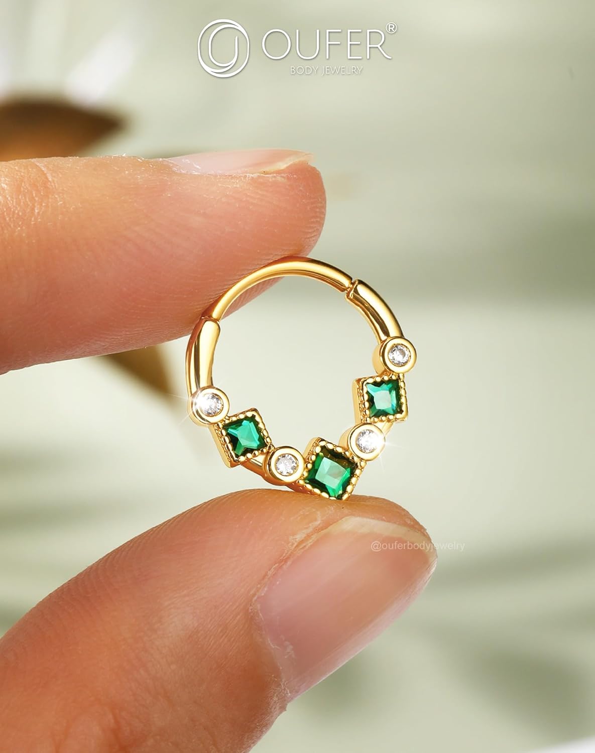 OUFER Gold Septum Ring, 16G Green CZ Septum Piercing Jewelry, 316L Surgical Steel Septum Jewelry, Hinged Segment Daith Helix Cartilage Earrings For Women - Image 6