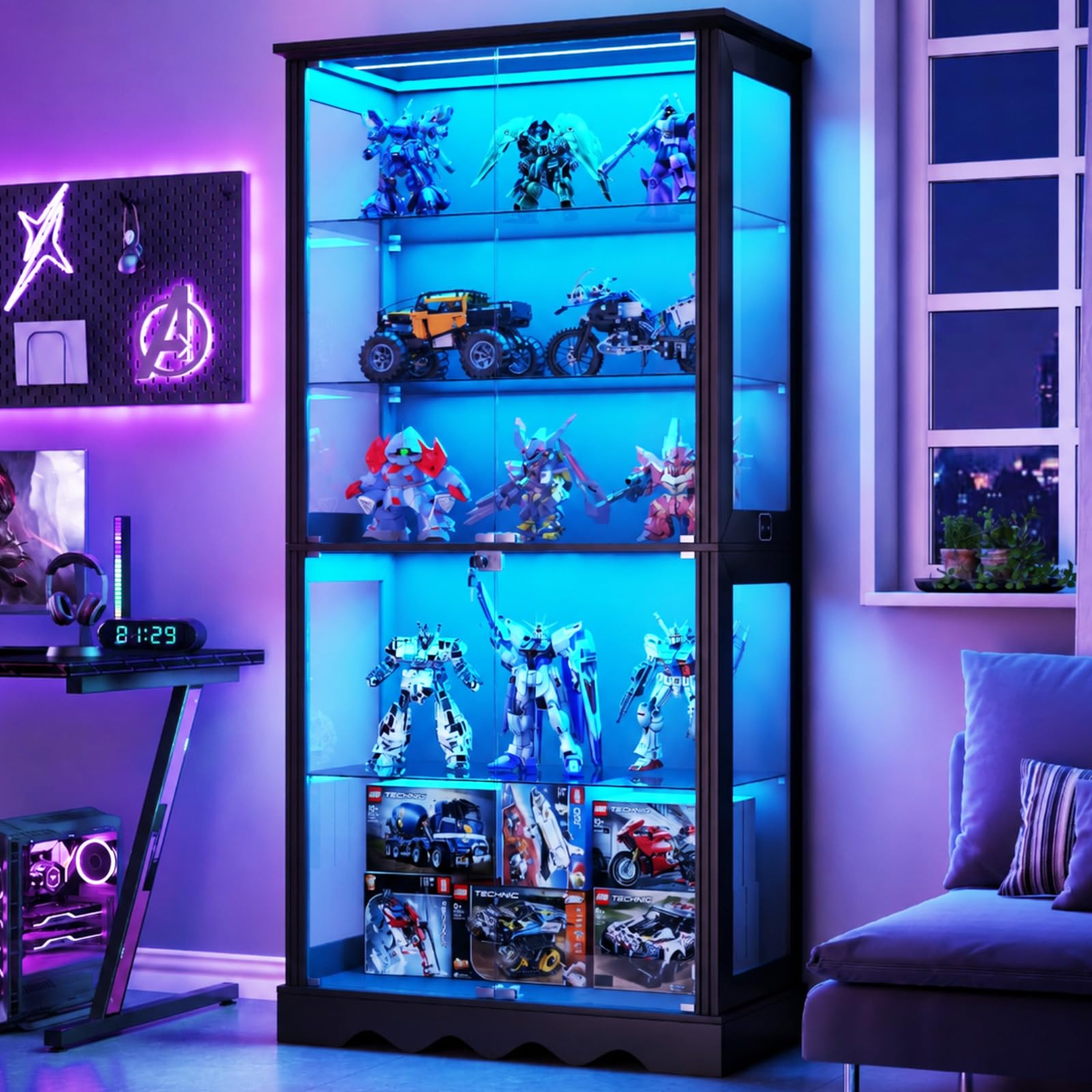 Lvifur Vitrina de cristal de 5 capas de 180 cm, con iluminación LED y puertas de cristal, color negro | Vitrina con sensor inteligente para coleccionables