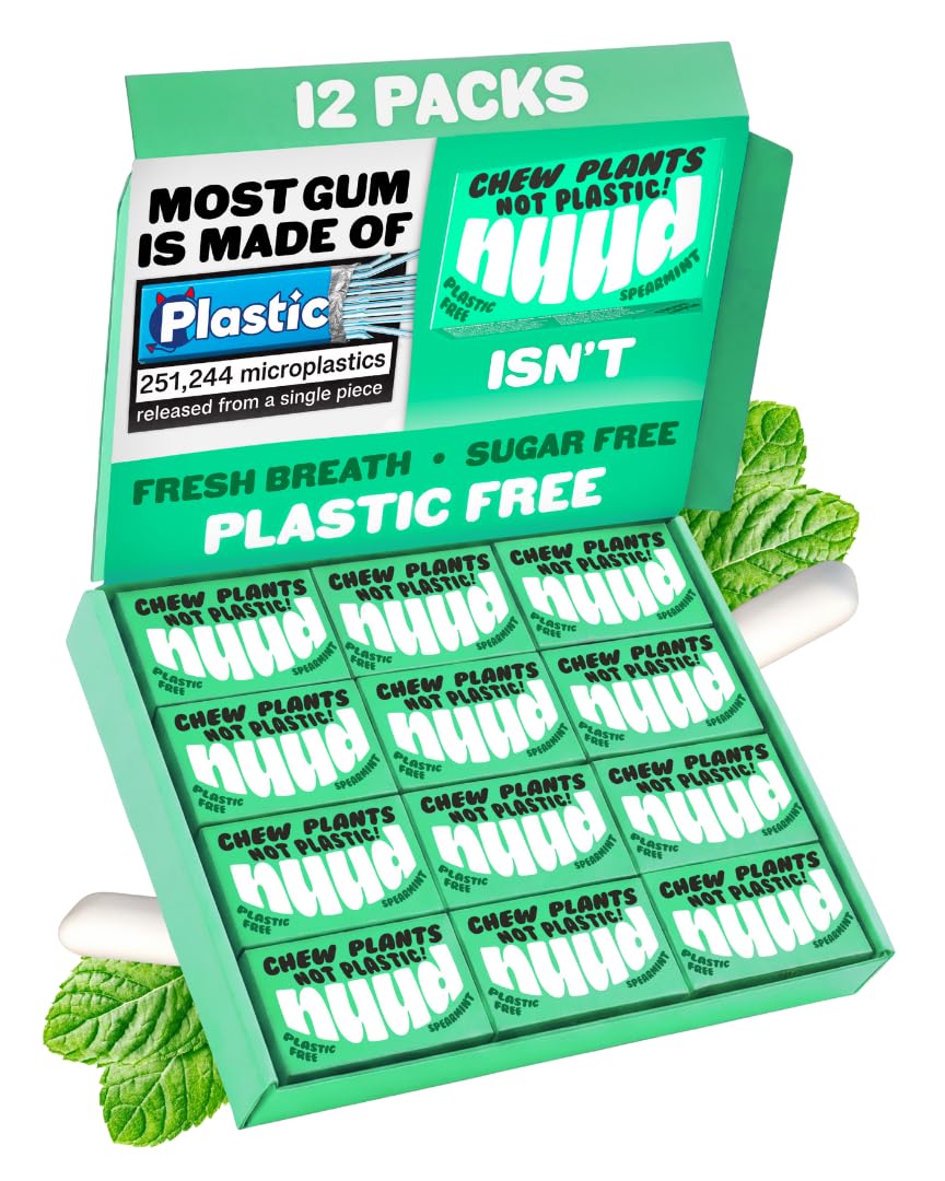 Plastic Free Chewing Gum | Plant Based | Aspartame Free | Xylitol | Biodegradable | Sugar Free Chewing Gum | 12 Packs of 9 Pieces (Spearmint)