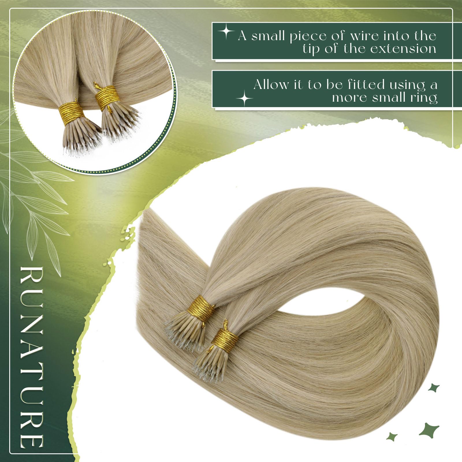 RUNATURE Nano Beads Hair Extensions Real Human Hair 14 Inch Blonde Highlights Golden Blonde Nano Hair Extensions Remy Straight for Daily Use Cold Fusion Hair 50s 50g #16/22 - Image 3