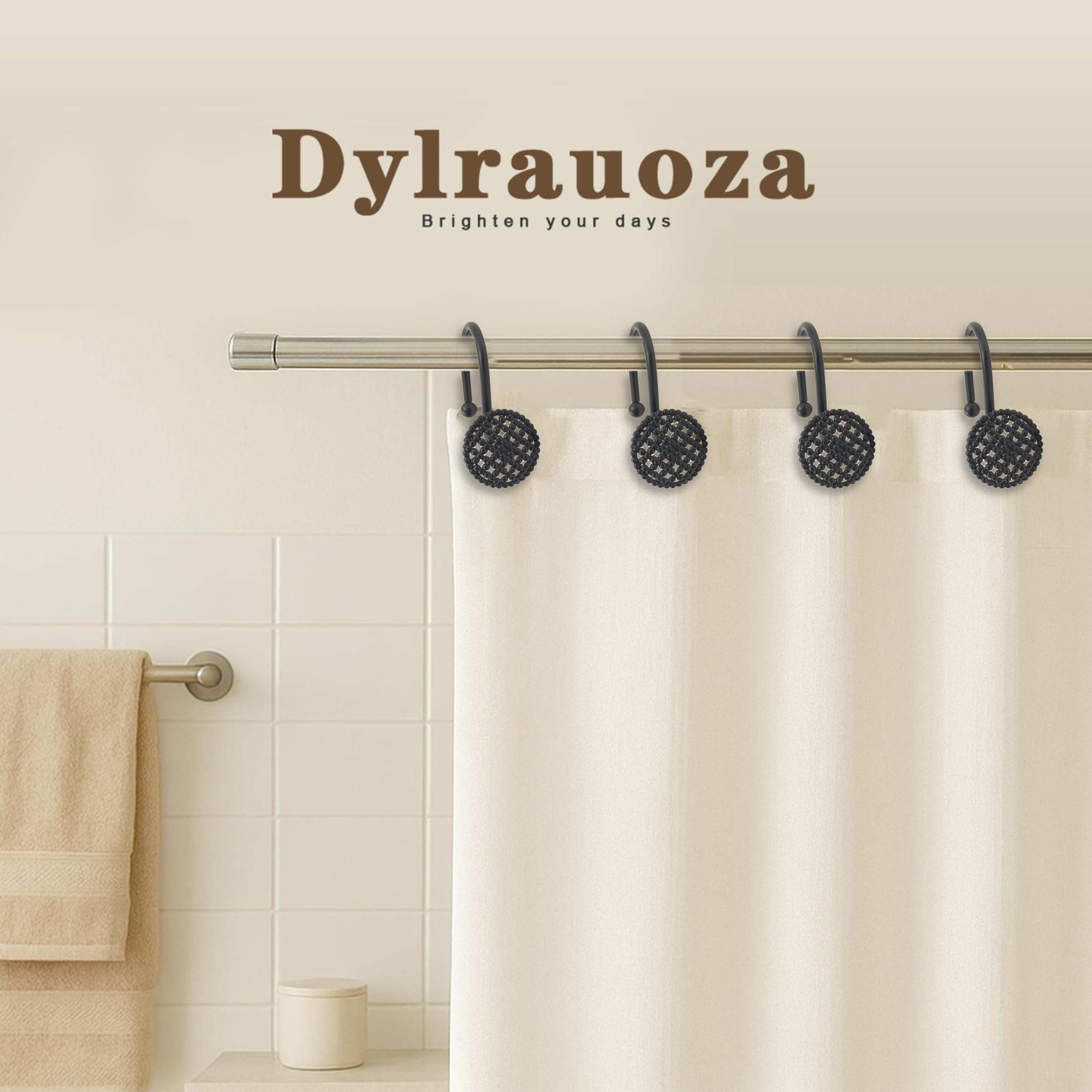 Ganci per tenda da doccia in rete nera con perline 3D, confezione da 12 anelli decorativi in metallo curvo antiruggine per bagno, compatibili con aste doccia standard