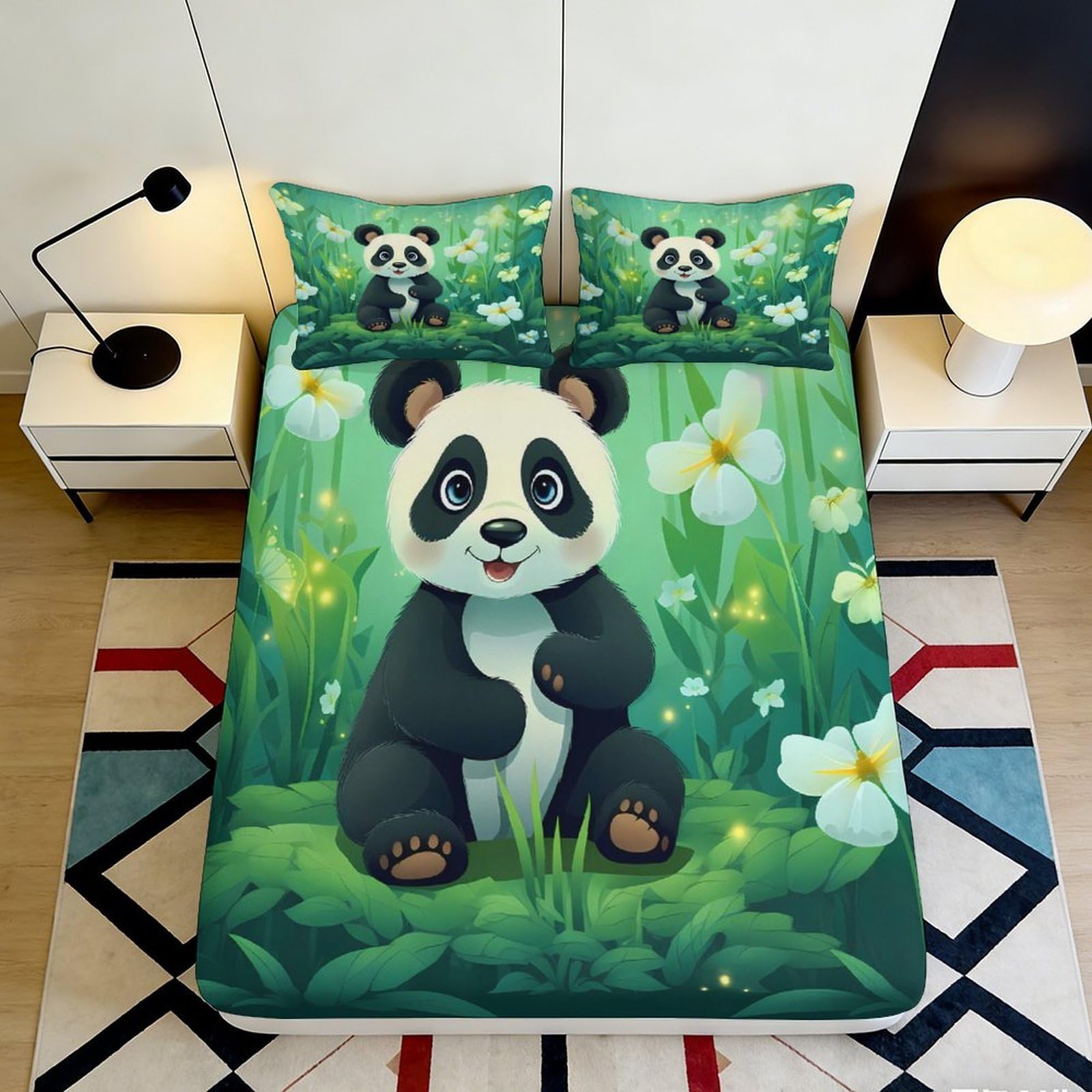 Pnayamiorkfel Style-7 3D Printed Cartoon Panda Fitted Sheet Microfiber Soft Green Forest Bed Sheet For Bedroom Guest Room Dorm Mattress Decor 90X200x25cm