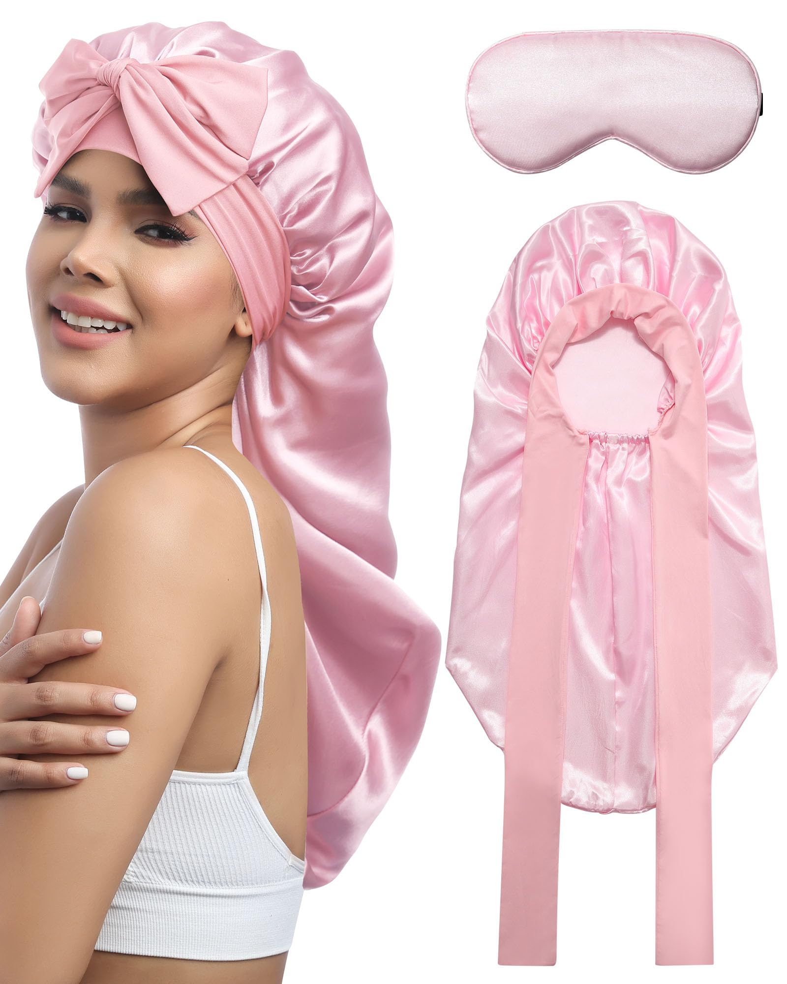 AWAYTR Long Hair Bonnet for Sleeping - Double Layer Long Elastic Tie Band Satin Bonnet for Women with Sleep Eye Mask (Pink)