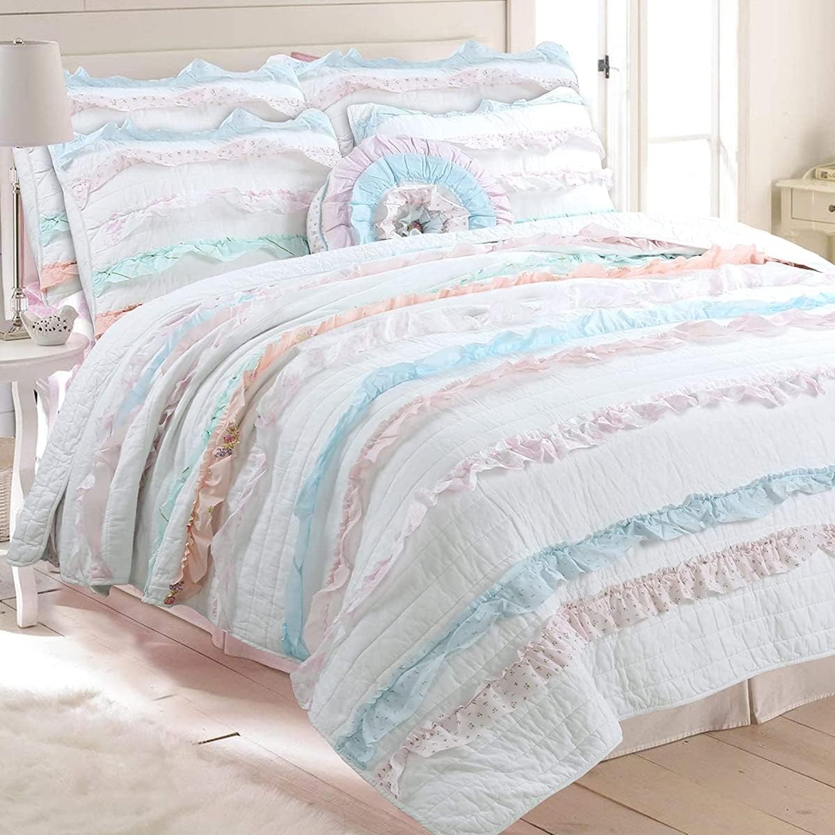 Cozy Line Home Fashions Light Pink Blue Ruffles Girl 100% Cotton Reversible Quilt Bedding Set, Coverlet, Bedspread (Candy, Queen - 3 Piece)