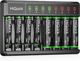 HiQuick 8-Bay Smart Battery Charger with 4x 2800mAh AA & 4x 1100mAh AAA Ni-MH Rechargeable Batteries - Fast TYPE-C Charging