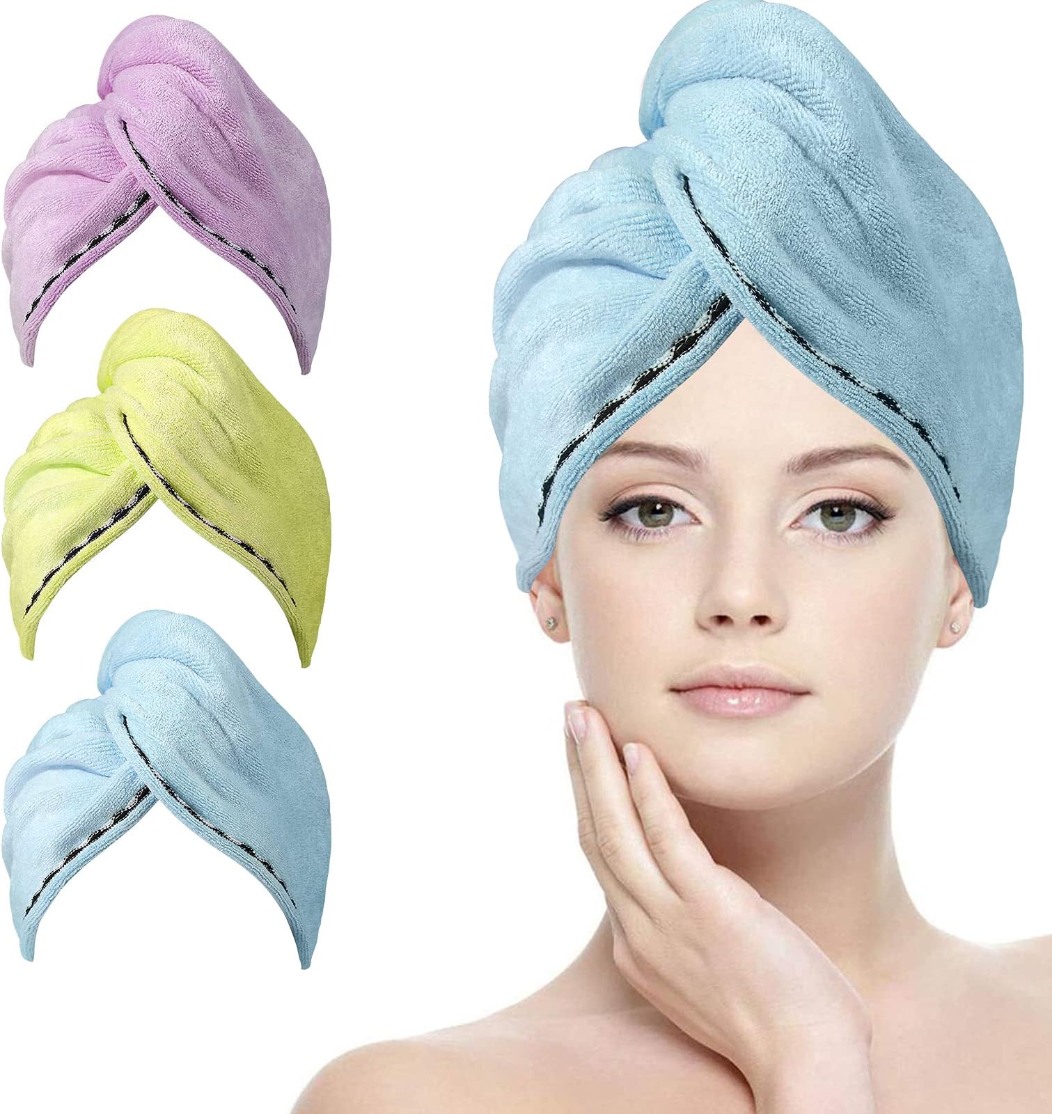 ACWOOHair Turban Towel, 3 Pack Soft Microfibre Hair Towels with 6 Pcs Hair Ties, Super Absorbent Fast Dry Bath Head Wrap for Women (Blue & Yellow & Purple)