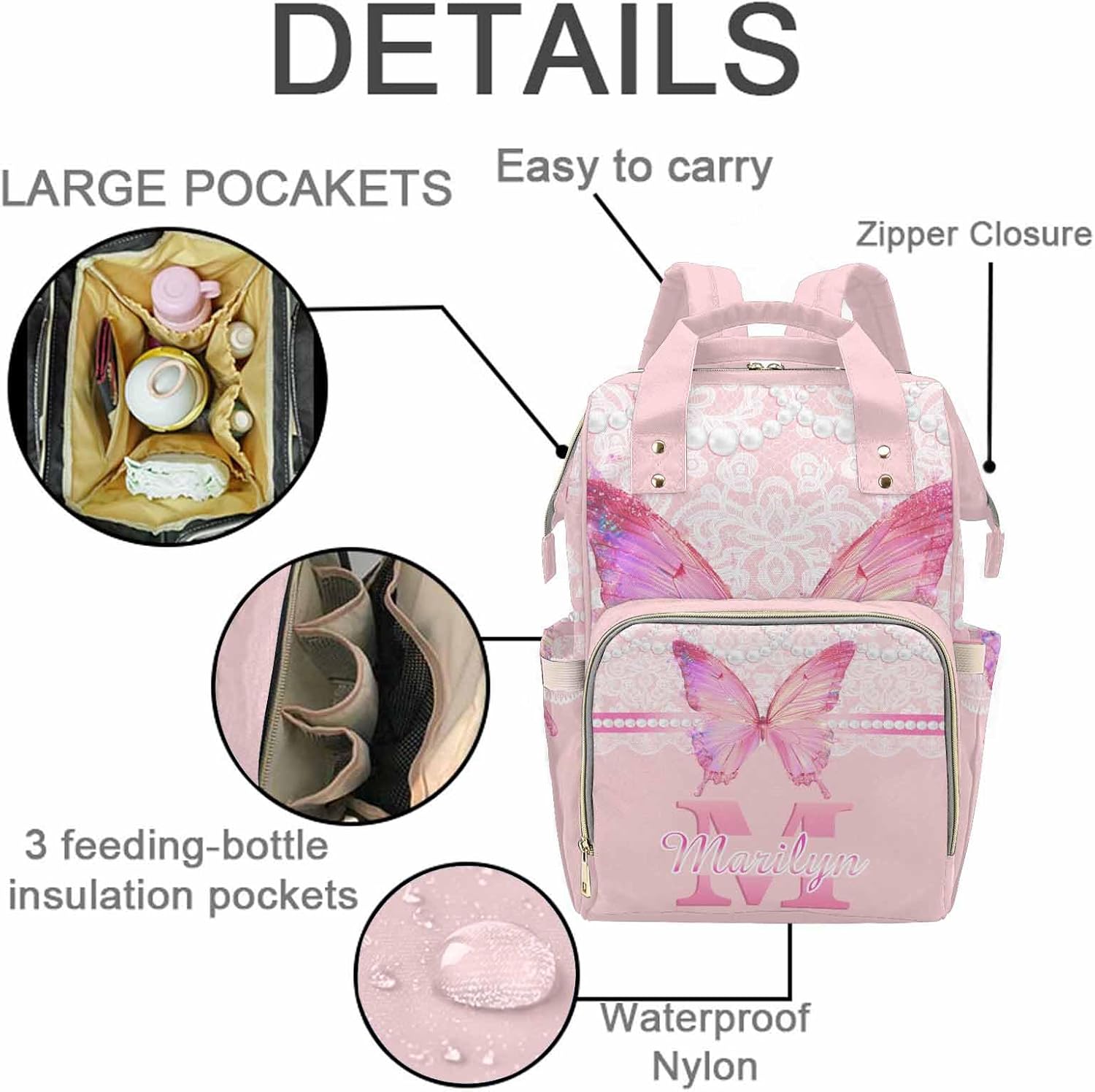 Personalized Name Diaper Bag Baby Girl Bag with Thermal Pockets Butterfly Monogrammed, Customized Mommy Bag with Name for Baby Girls Boys Outdoor Mother's Day Father's Day
