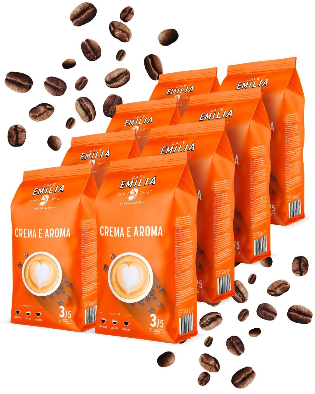 Café Emilia Crema e Aroma, Kaffeebohnen, Stärke 3/5, 8 x 1KG | Harmonischer Blend, mittlere Röstung, für Vollautomaten & French Press, ideal für Café Crema, Café Latte oder Americano