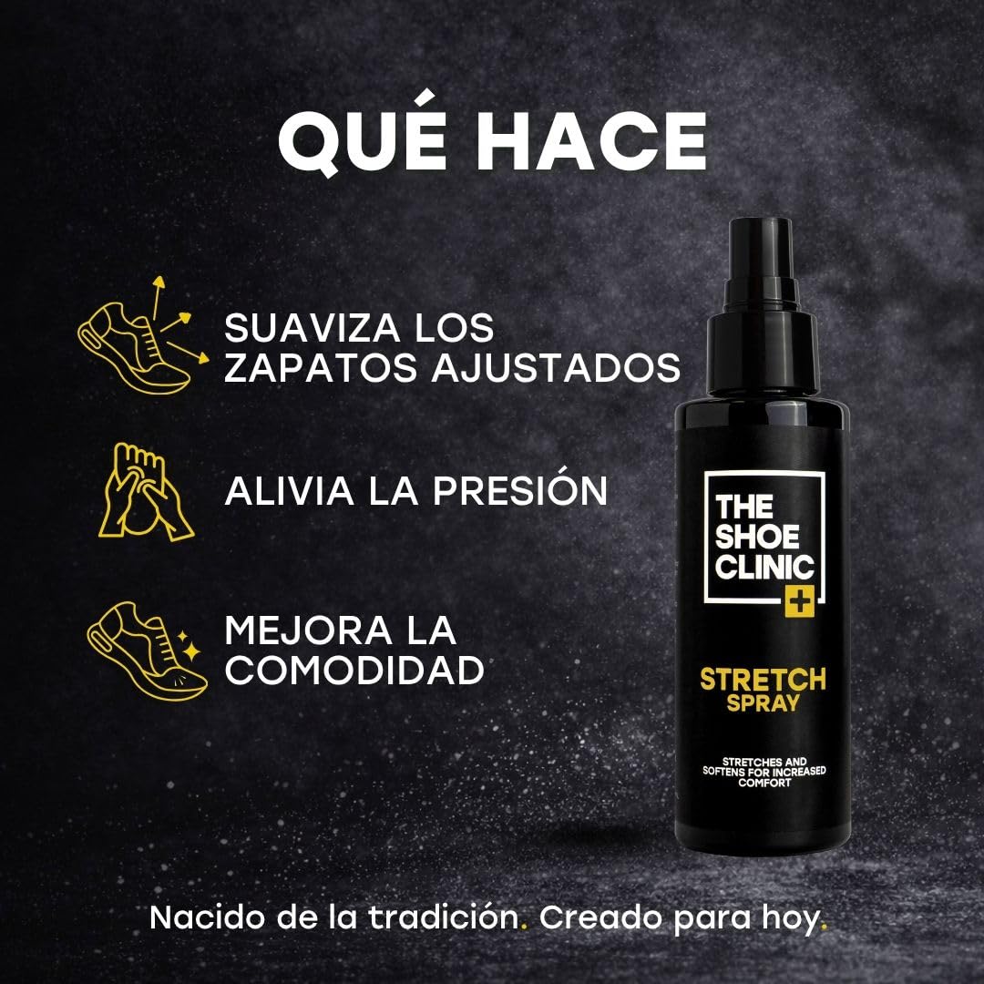 Shoe Clinic Espray ensanchador de zapatos | Para estirar y suavizar | Apto para cuero, ante, nobuk y lona | Ayuda a dar de sí el calzado rígido o estrecho | Alivia los puntos de presión | 125 ml