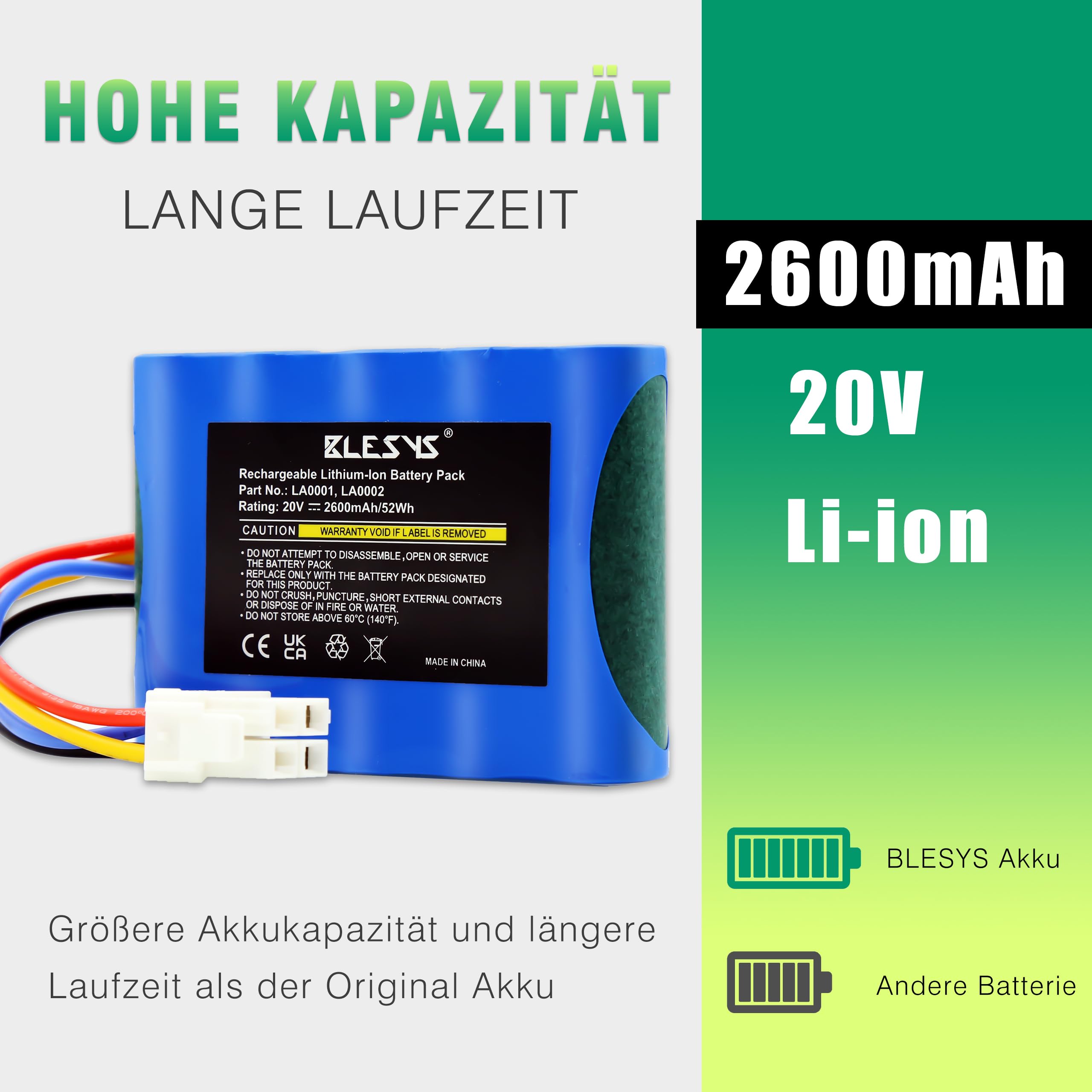 BLESYS Akku für Landxcape Mähroboter LX790i LX790 LX792 LX795 LX796 LX797 LX835 LX991 Ferrex 800 m2 2021, Ersatzakku Modell LA0001 LA0002 WA3230 WA3231[20V, 2600mAh]