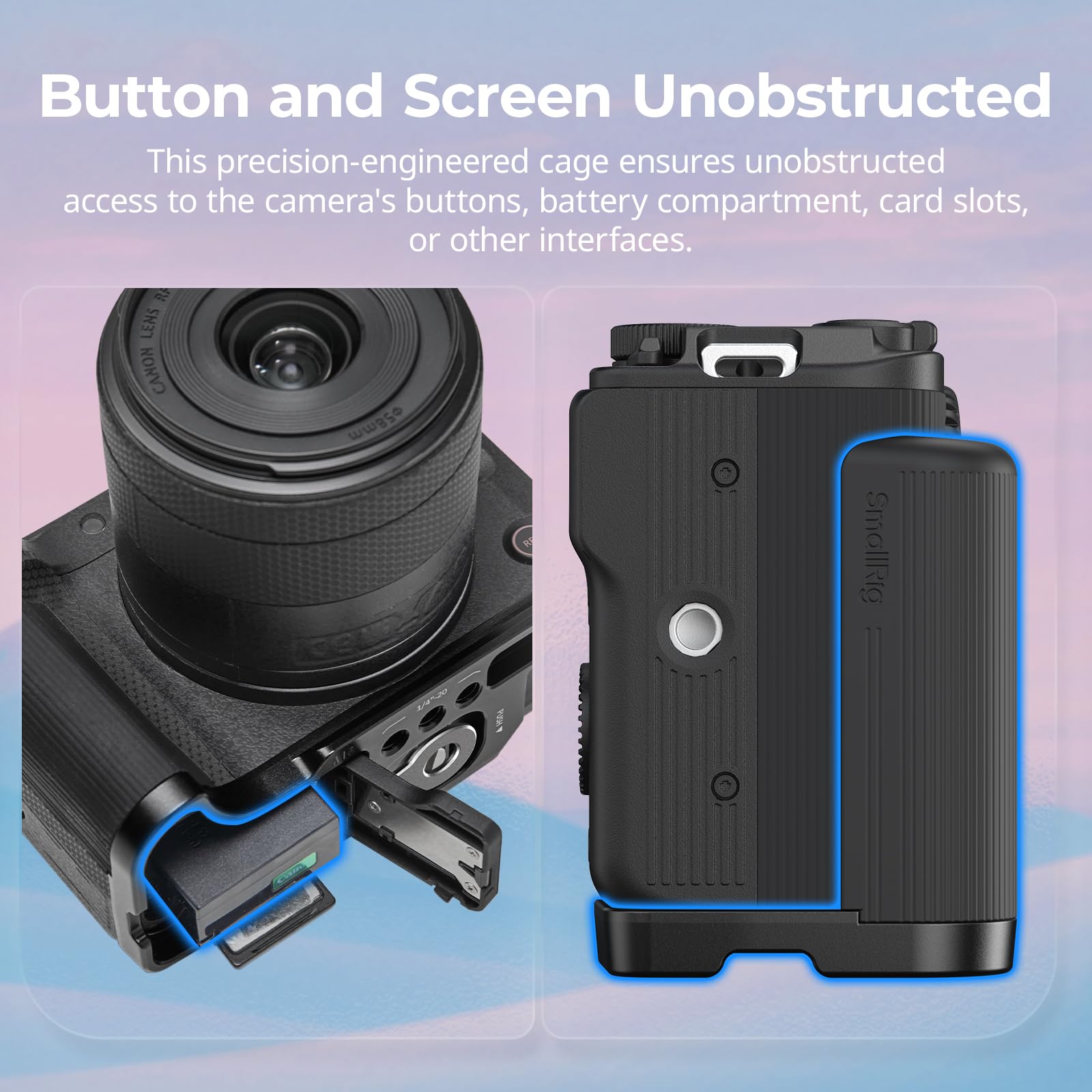 SMALLRIG R50 V Uchwyt w kształcie litery L do Canon R50V z płytką szybkiego zwalniania do Arca, lekki żebrowany uchwyt boczny, mocowanie na zimną stopkę, otwory gwintowane 1/4"-20(czarny) - 5429