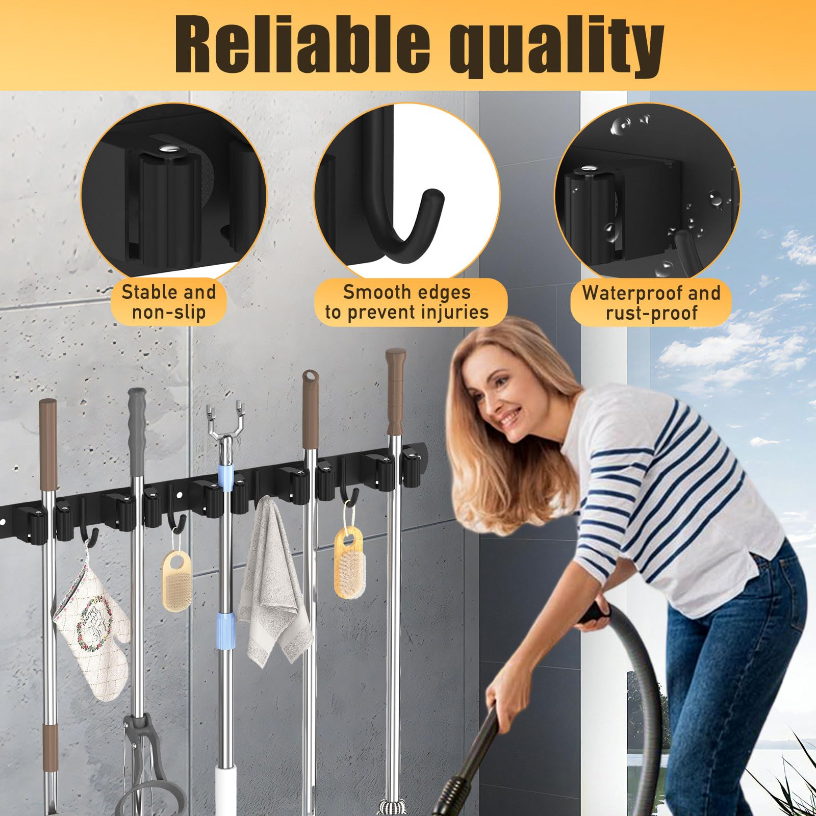 Besenhalterung Wand Selbstklebend - Robuster Metall Besenhalter mit 5 Haken, Aufbewahrungssystem für Kehrzeug/Besen/Mop (Max 13kg, CE) (2)