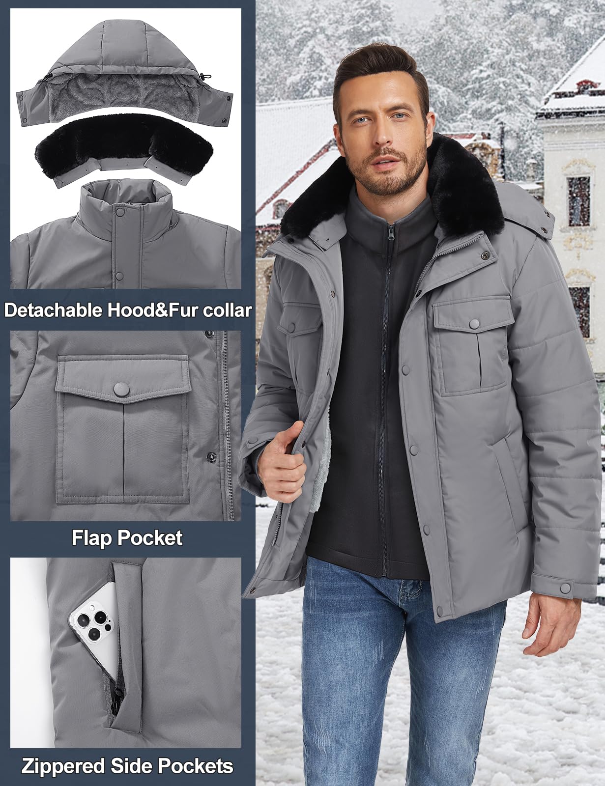 Tuopuda Uomo Giacca Invernale con Cappuccio, Giubbotto in Pile Casual Parka Cappotto Termico Imbottito Giacche con Cerniera e Tasche Giubbino Primavera Autunno