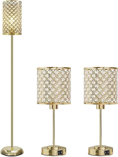 GyroVu Juego de lámparas de mesa y lámpara de pie, lámpara de mesa táctil de cristal dorado con puertos USB+lámpara de pie de cristal, lámparas