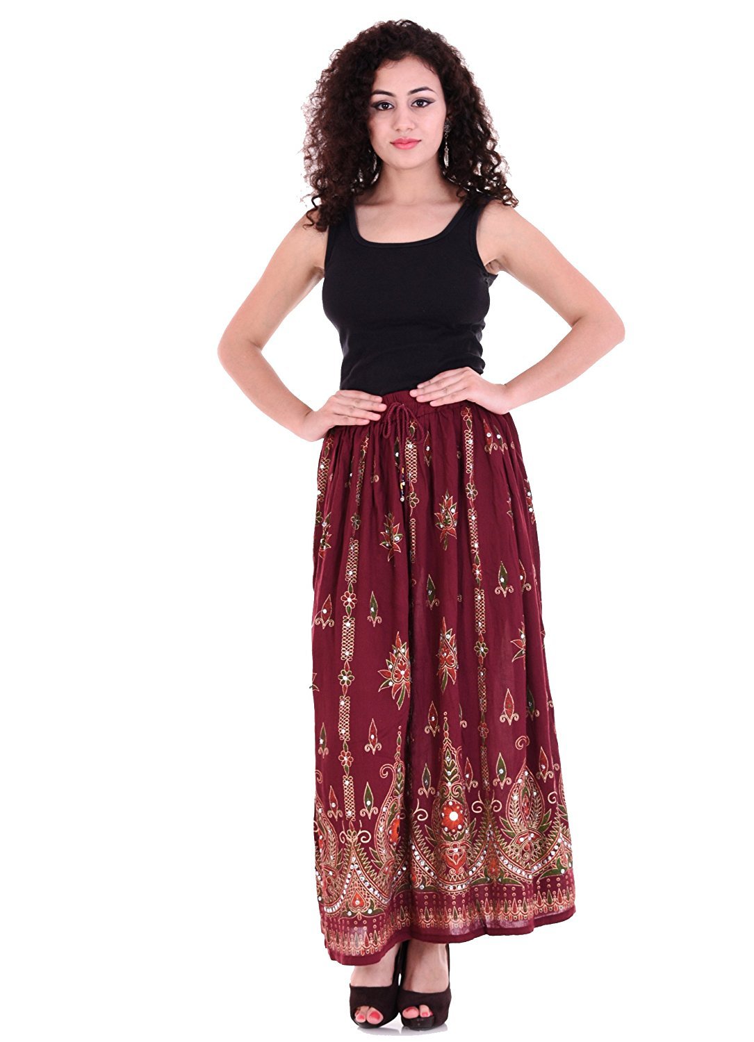 Women's Rayon Handcrafted Sequence Jaipuri Skirt (Maroon; Free Size)