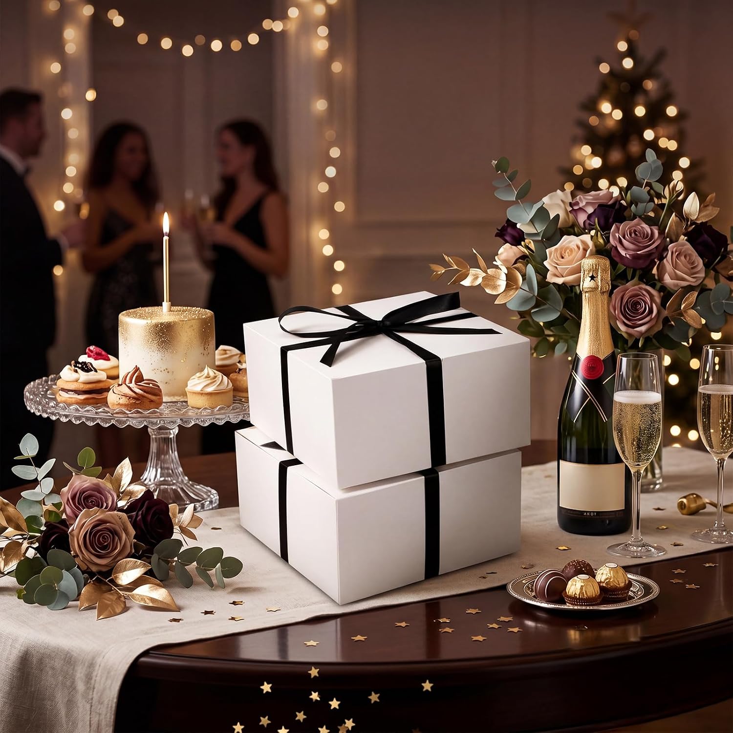 Sabary 12 Pack White Gift Boxes with Lids, 8x8x4 Inch Box with Stain Ribbon and Crinkle Cut Paper for Bridesmaid Proposal Gift Wrapping, Birthday, Wedding, Graduation Presents Party Decorations