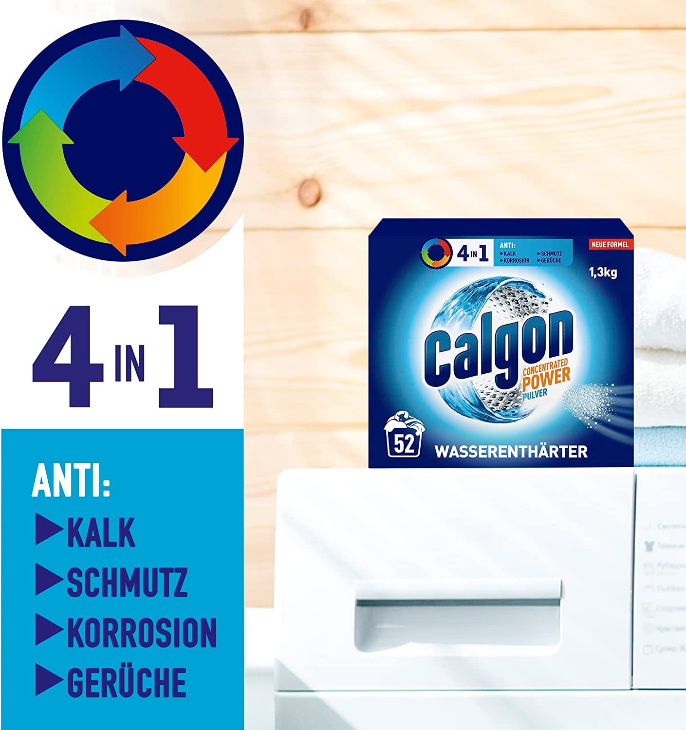 Calgon 4-in-1 Power Pulver – Wasserenthärter gegen Kalkablagerungen, Schmutz und Korrosion in der Waschmaschine – Beugt unangenehmen Gerüchen vor – 4 x 1,3 kg