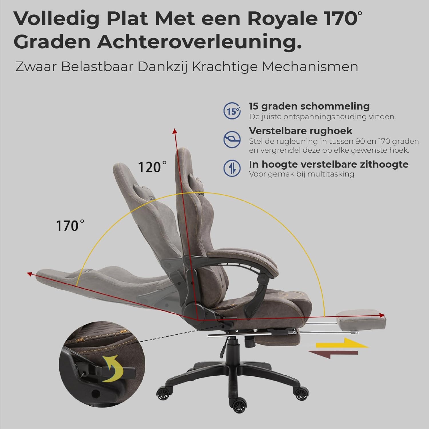 Chair reclining from 90 to 170 degrees with rocking function