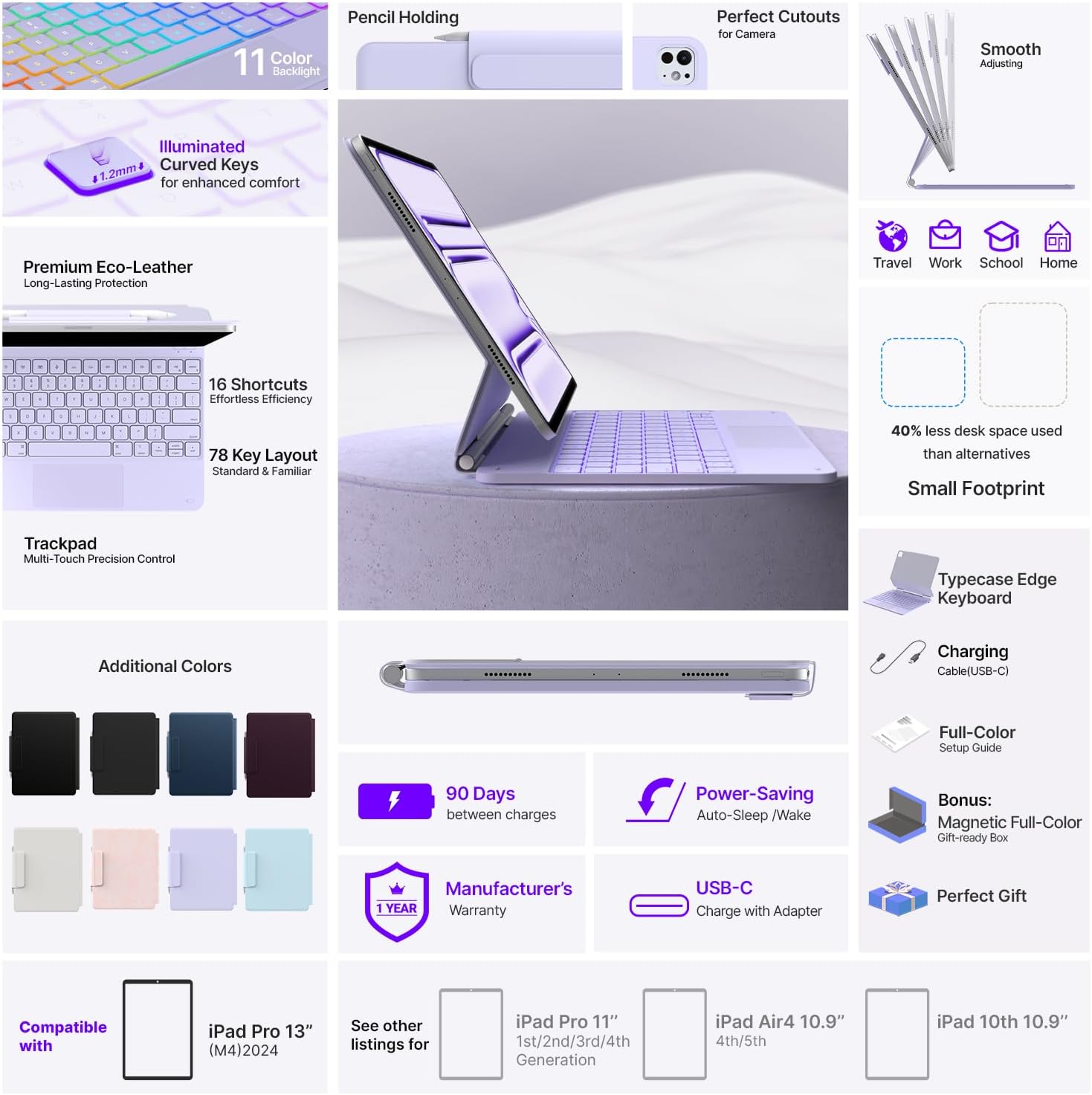 typecase Keyboard Case for iPad Pro 13-inch (M5 2025 / M4 2024), Magic Keyboard with 11 Colors Backlight, Keyboard Case with Pencil Holder, Multi-Touch Trackpad, Easy-Set Magnetic Stand, Light Purple - Image 6