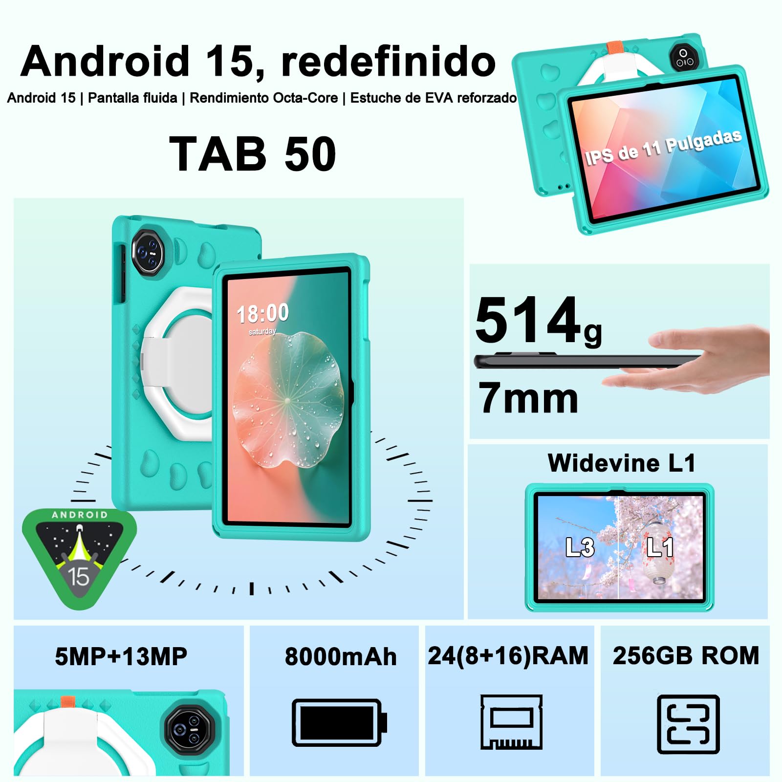 Tablet Android 15 11 Pulgadas Octa-Core 24GB+256GB/2TB 8000 mAh Cuerpo Metálico Verde